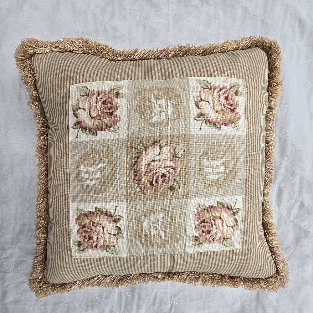 Pine Cone Hill Tan/Lt Brown Striped Floral Roses Throw Pillow 16" X 16" EUC